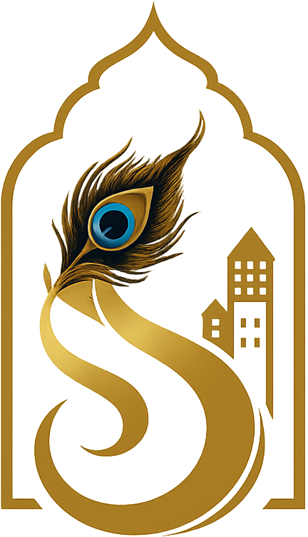 Shrinathji PMC monogram: gold S with skyline inside a temple arch